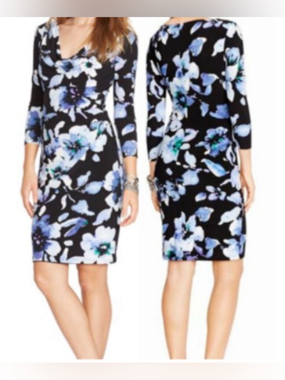 Polo by Ralph Lauren Black Midi Dress with Blue Floral Print